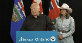 Ontario Premier Doug Ford and Alberta Premier Danielle Smith have signed two MOUs “to support Canadian workers by building new pipelines, rail lines, and other energy and trade infrastructure that will diversify Canada’s trading partners,” the Office of the Premier of Ontario reported July 7. (Screen Grab from a video posted on X by Alberta Premier Danielle Smith)